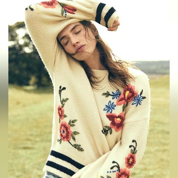 Anthropologie Sweaters - Anthropologie Harlyn Gardenstripe Embroidered Wool Blend Pullover Sweater Small
